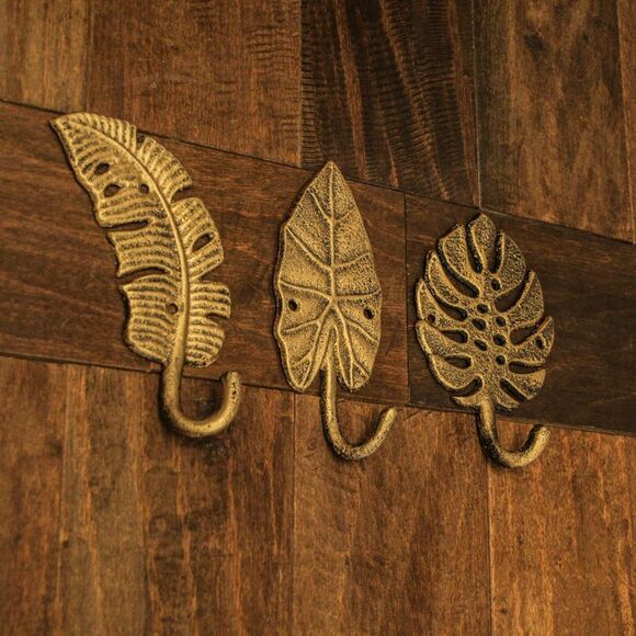 Set of 3 Cast Iron Gold Tropical Leaf Decorative Wall Hooks Towel Hanger Rack - Picture 5 of 8